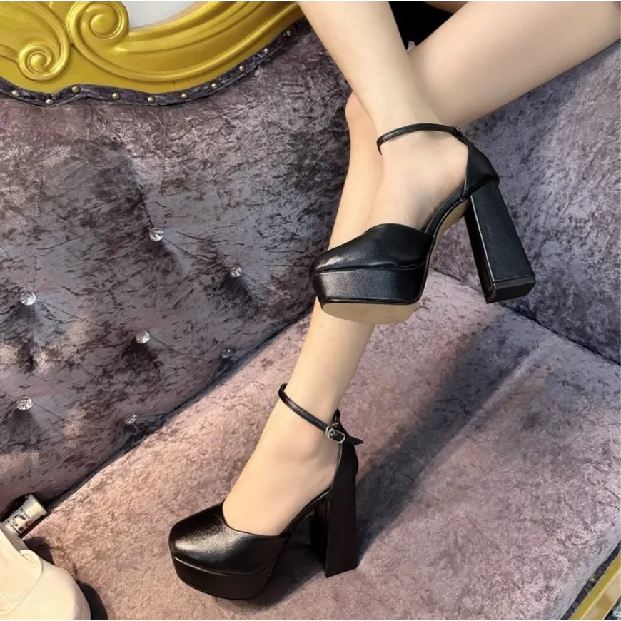 Giày cao gót nữ đế vuông 12p bít mũi gót 12cm da lì siêu đẹp