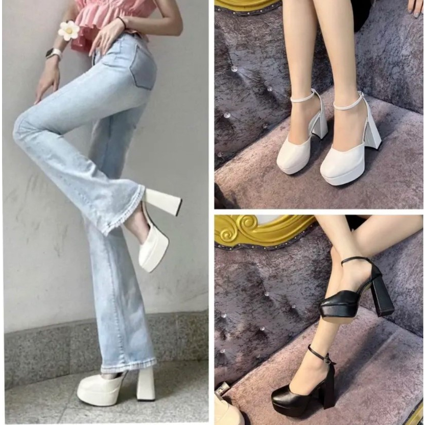 Giày cao gót nữ đế vuông 12p bít mũi gót 12cm da lì siêu đẹp