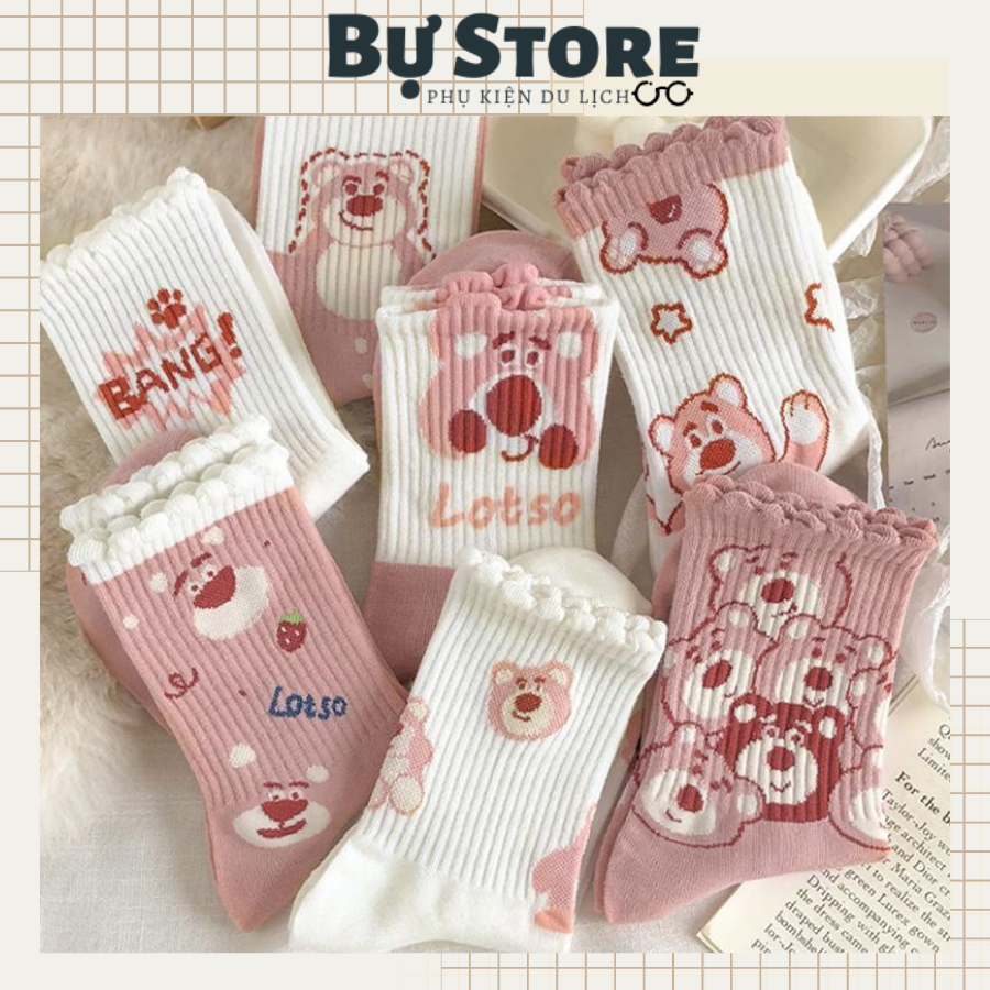 TẤT CỔ CAO HÀN QUỐC GẤU MÀU PASTEL-SET 10 ĐÔI KÈM TÚI ZIP