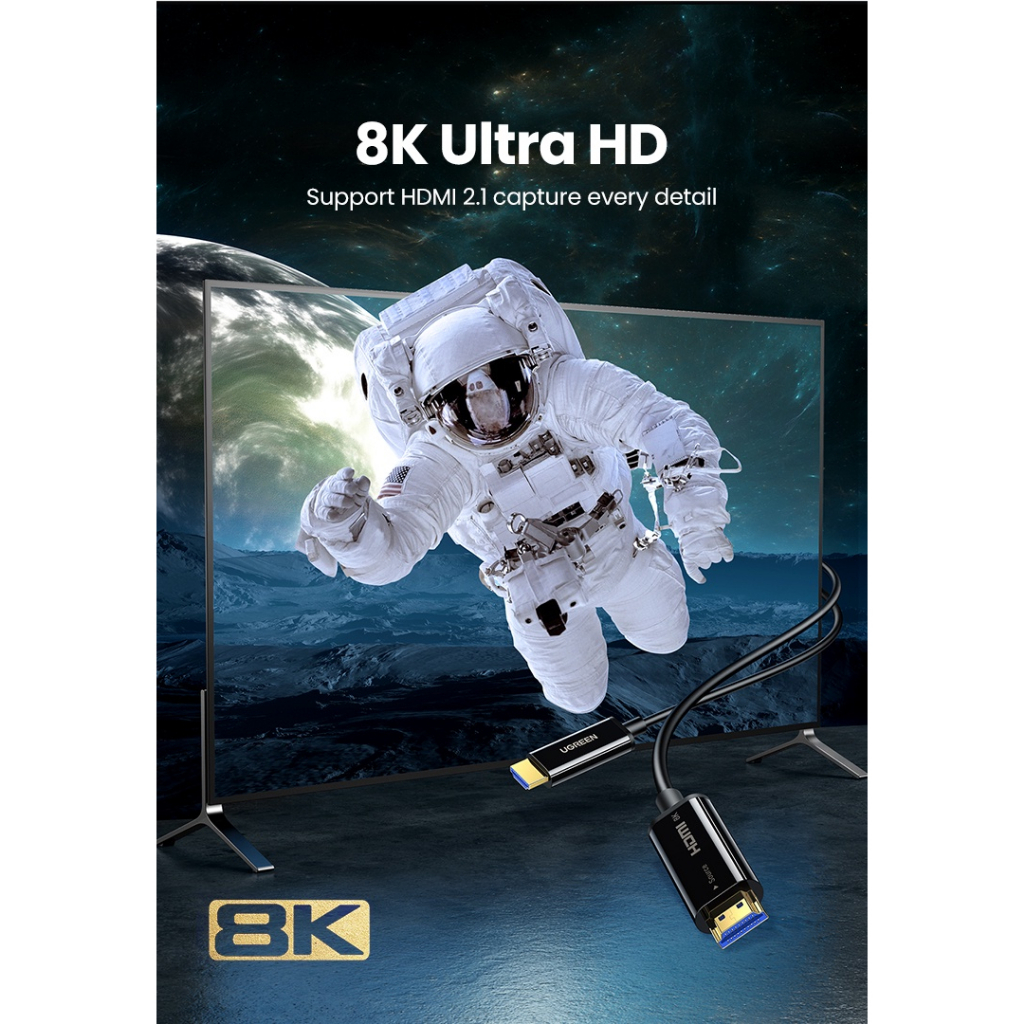 Cáp HDMI 2.1 sợi quang 10m,15m hỗ trợ 8K@60Hz chính hãng Ugreen 80406, 80407