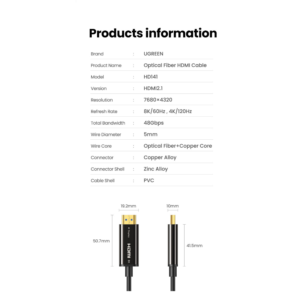 Cáp HDMI 2.1 sợi quang 10m,15m hỗ trợ 8K@60Hz chính hãng Ugreen 80406, 80407