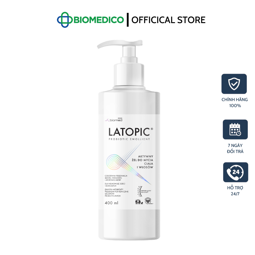 LATOPIC PROBIOTIC EMOLLIENT Active Body and Hair Wash Gel / Gel tắm gội dành cho da dị ứng/kích ứng 400ml