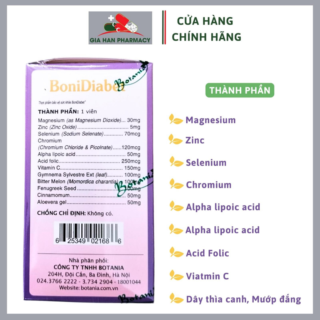 Viên uống BoniDiabet hỗ trợ giảm glucose máu, giảm cholesterol, cải thiện tiểu đường - Hộp 60 viên - Gia Hân