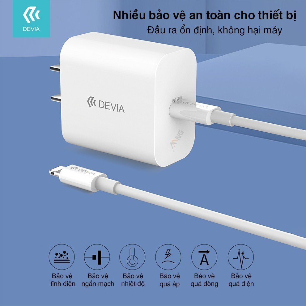 Bộ sạc nhanh PD 20W cho iPhone Devia sạc nhanh không nóng máy củ sạc chống cháy nổ - Bảo hành 12 tháng