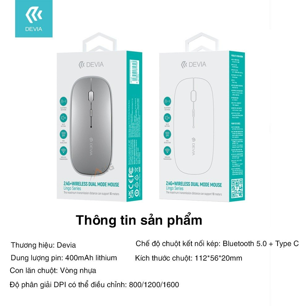 Chuột máy tính Gaming Devia có 2 chế độ kết nối bluetooth và kết nối không dây 2.4G, nhỏ nhẹ pin 400mAh có bảo hành