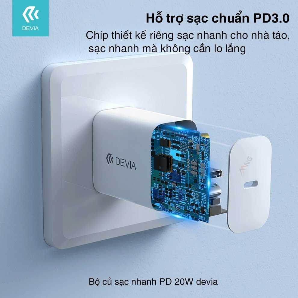 Bộ sạc nhanh PD 20W cho iPhone Devia sạc nhanh không nóng máy củ sạc chống cháy nổ - Bảo hành 12 tháng