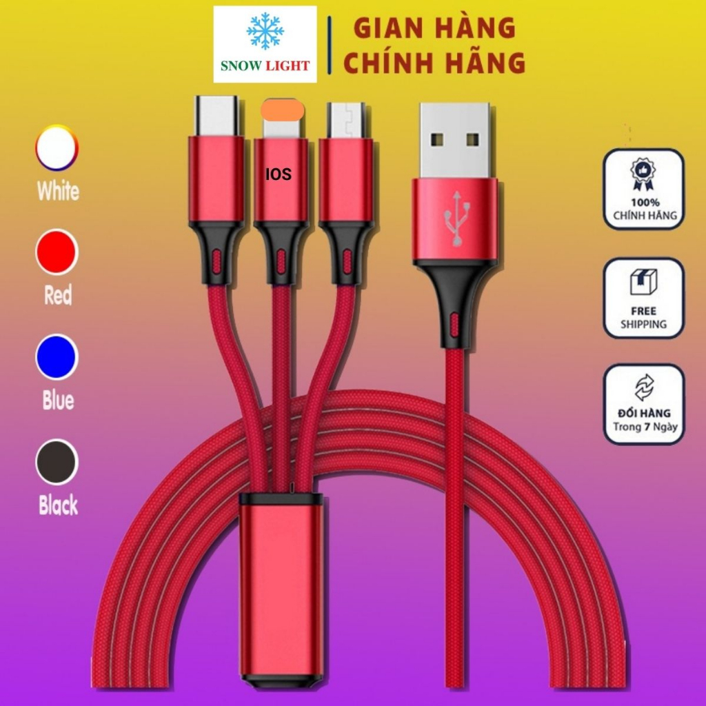 Dây sạc nhanh 3 đầu SNOW LIGHT 2A sản phẩm 3 trong 1 cho các dòng điện thoại dây dù không nóng máy