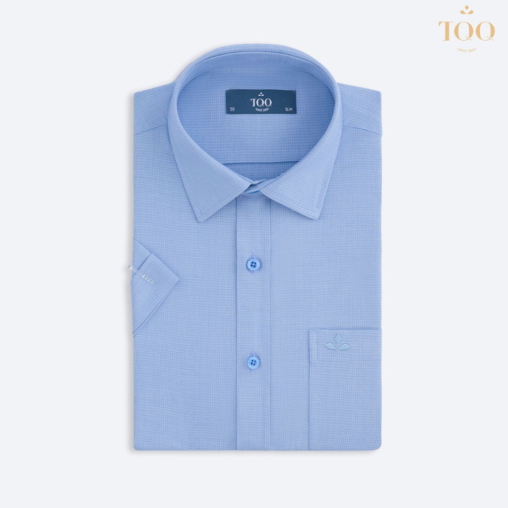 Áo sơ mi ngắn tay TQQ dáng Công sở Slim fit ôm nhẹ H380CB xanh biển vạt bằng xẻ tà chất vải chống nhăn