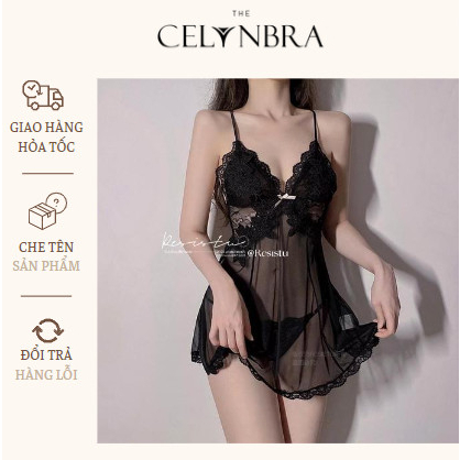 Váy ngủ voan mỏng xuyên thấu phối ren gợi cảm THE CELYNBRA - V99