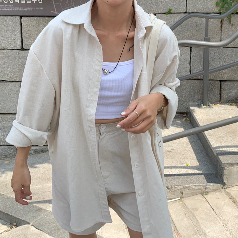 Set linen gồm áo sơmi kèm quần cạp chun sau bySooyoungstudio