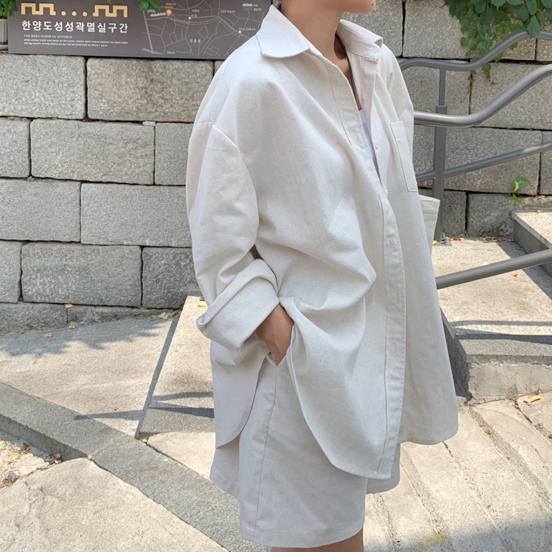 Set linen gồm áo sơmi kèm quần cạp chun sau bySooyoungstudio