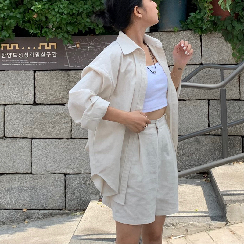 Set linen gồm áo sơmi kèm quần cạp chun sau bySooyoungstudio