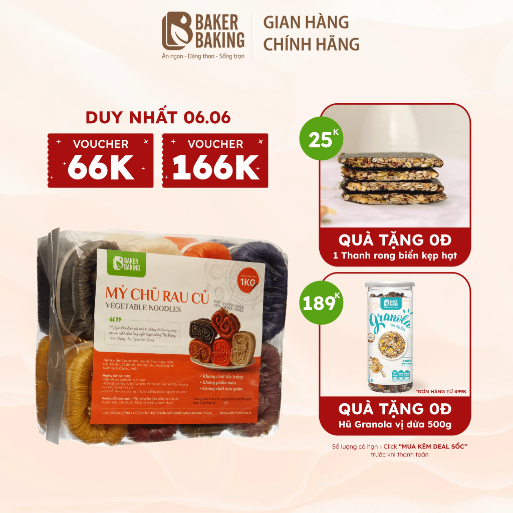 Mì chũ rau củ Baker Baking không chất bảo quản phù hợp cho người ăn chay, bé ăn dặm 1kg