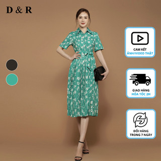 Đầm lụa dự tiệc chân váy xếp ly họa tiết chữ Quảng Châu cao cấp D&R Fashion D267