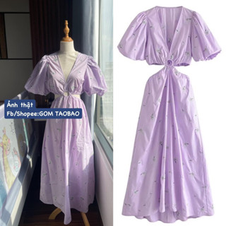 (Sẵn giao ngay) [HÀNG TAOBAO-QUẢNG CHÂU] ĐẦM DÀI THÊU HOA KHOÉT EO TAY BỒNG NGẮN HÀNG XUẤT XỊN ZR TÍM THÊU HOA