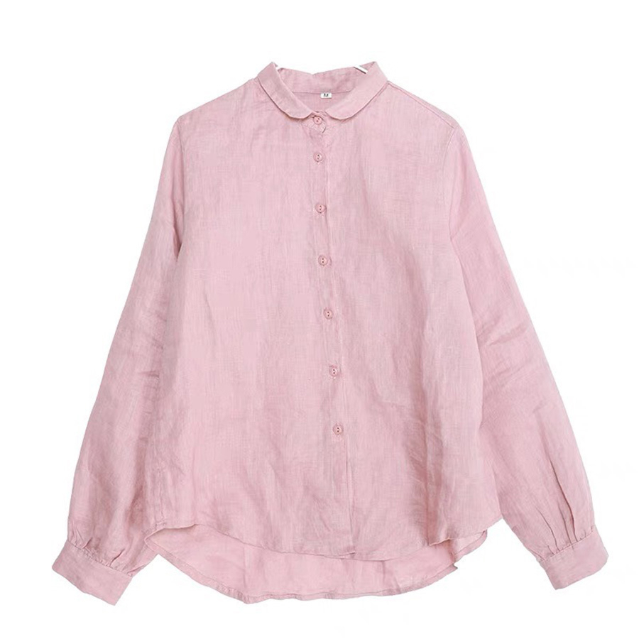 Áo sơ mi nữ basic Linen bột Hàn Premium cổ đức tròn dài tay, chất vải Linen mềm mát thích hợp hè thu - Hồng phấn