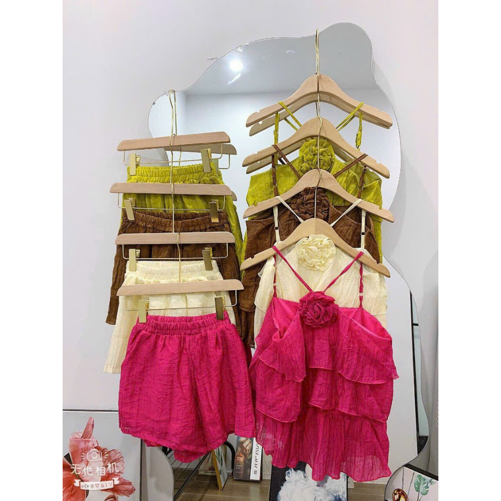 [6.6 Sales Freeship] Set bộ đùi tiểu thư, set bộ babydoll xòe 3 tầng cổ áo yếm đính nơ mix quần sooc đùi đi biển siêxinh