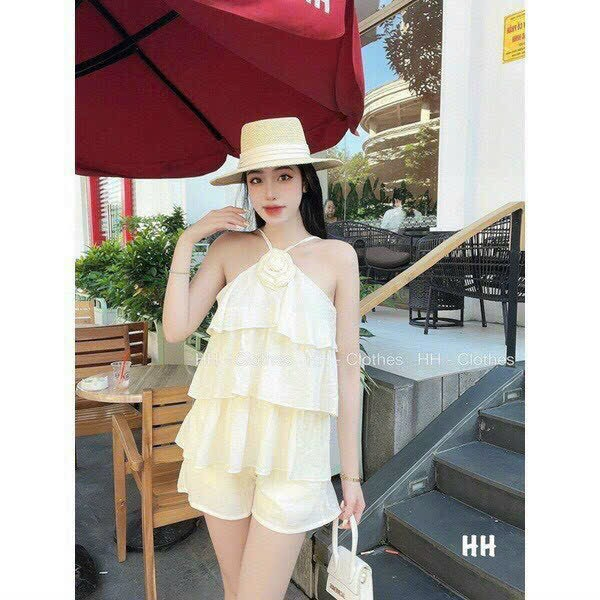 [6.6 Sales Freeship] Set bộ đùi tiểu thư, set bộ babydoll xòe 3 tầng cổ áo yếm đính nơ mix quần sooc đùi đi biển siêxinh