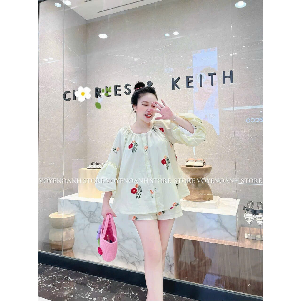 [6.6 Sales Freeship] Set bộ đùi babydoll in hoa đi biển,set tiểu thư tay phồng cổ tròn in hoa mix quần sooc đùi dễthương