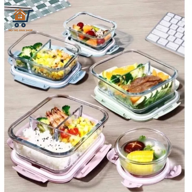 Hộp Cơm Văn Phòng Thuỷ Tinh 1 2 3 Ngăn Nhiều Size - Dùng Được Cho Lò Vi Sóng - Tự Ghép Túi Giữ Nhiệt Muỗng Đũa