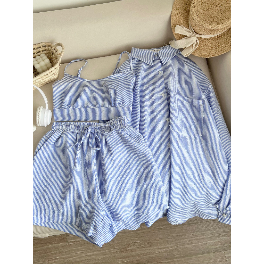 Set Áo Sơ Mi 3 Món Croptop Mix Áo 2 Dây Kèm Quần Sooc Phong Cách Hàn Quốc Dành Cho Nữ