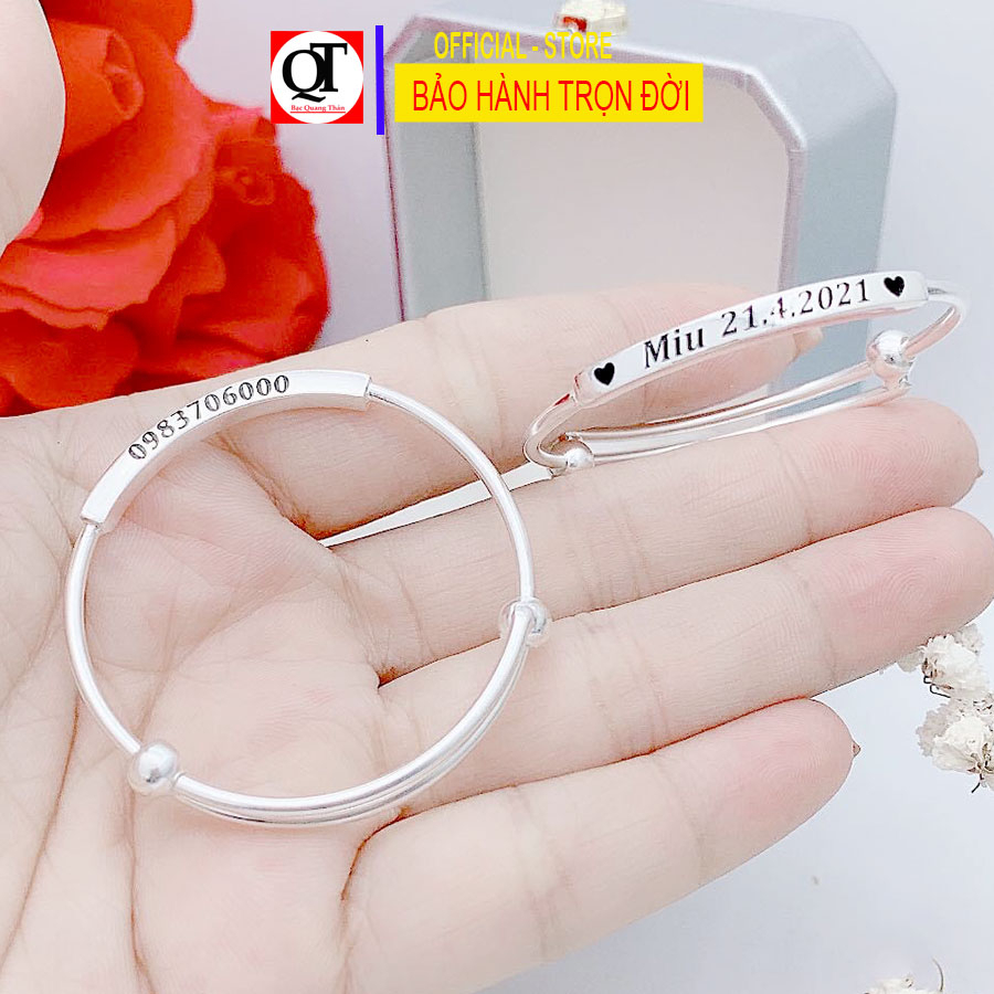 Vòng tay trẻ con trẻ con khắc tên ngày sinh số điện thoại kèm cham con giáp theo tuổi chất liệu bạc ta Bạc Quang Thản.