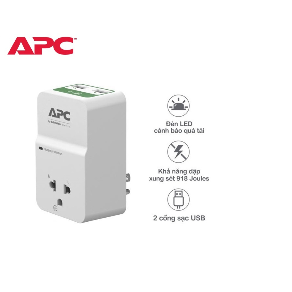 Ổ cắm chống xung sét APC 1 Ổ cắm với 2 cổng sạc USB, bảo hành 10 năm PM1WU2-VN