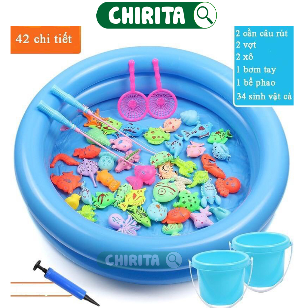 Đồ Chơi Câu Cá Cho Bé Nam Châm 42 Chi Tiết  Có Bể Phao Tặng Kèm Đồ Bơm Tay - Bộ Câu Cá Cho Bé Trò Chơi Giải Trí Chirita