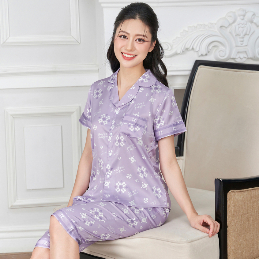 [Lửng TK45 tím] Bộ đồ mặc nhà nữ, đồ ngủ nữ, bộ Pijama lửng nữ mùa hè lụa satin cao cấp THE SUN