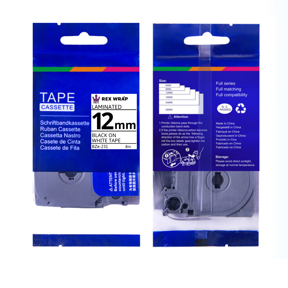 Giấy in nhãn - Nhãn in BZe-231  12mm x 8m, chữ đen nền trắng