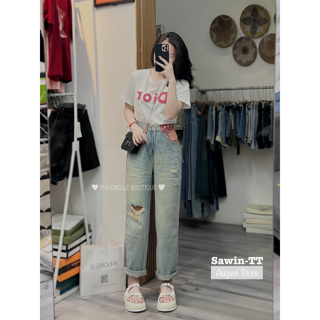Quần Jeans Nữ Baggy Rách Lưng Cạp Cao Ống Rộng Viền Hồng