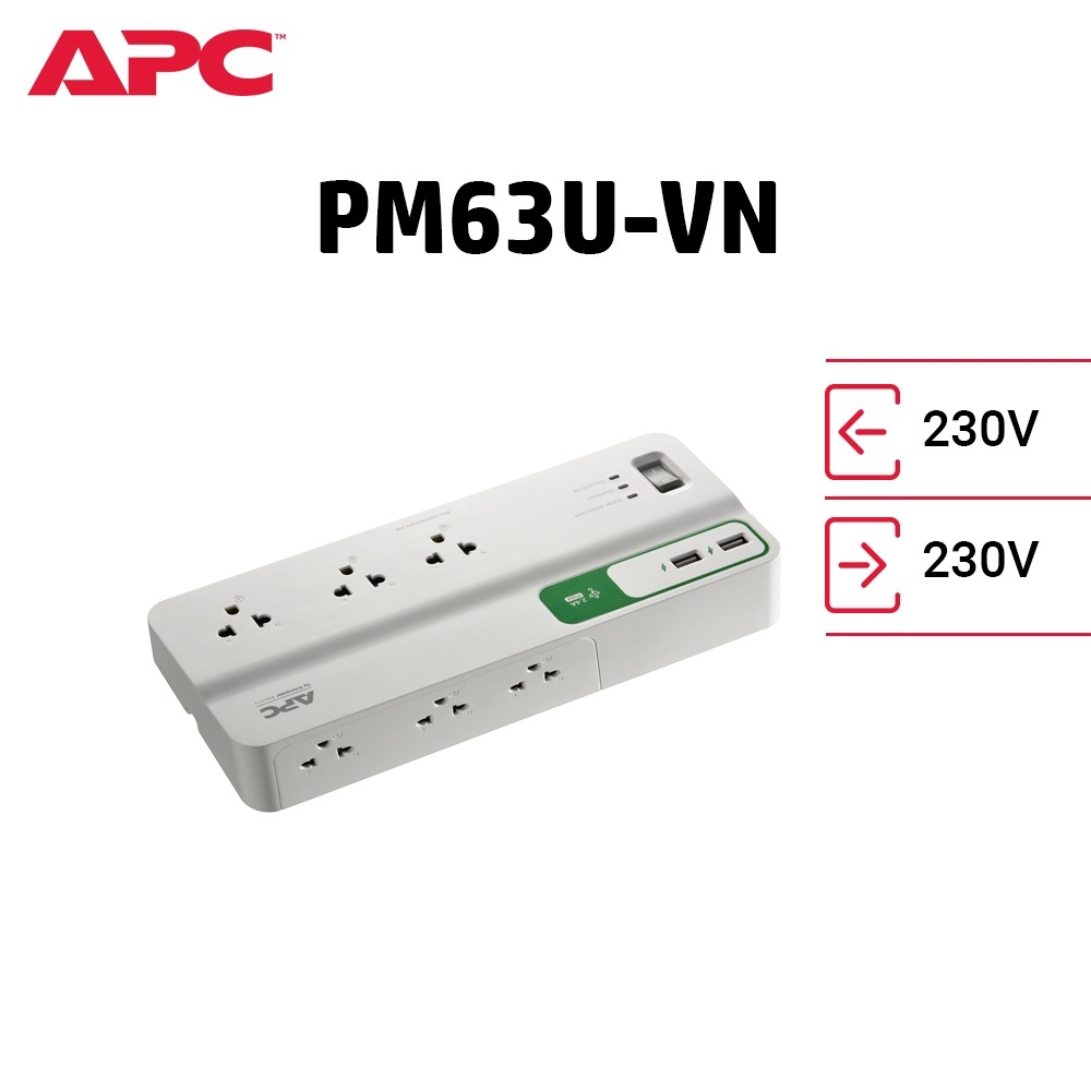 Ổ cắm chống xung sét APC 6 ổ cắm, 2 cổng sạc USB, PM63U-VN