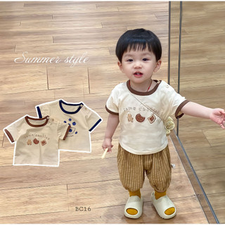 (QCCC) Bộ cộc cotton áo họa tiết bánh quy cute phối quần bí lửng sọc pc hàn cho bé trai bé gái - BC16