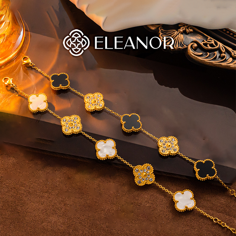 Dây chuyền lắc tay titan nữ Eleanor Accessories bộ trang sức lật mặt hình cỏ bốn lá đính đá phụ kiện trang sức 5855