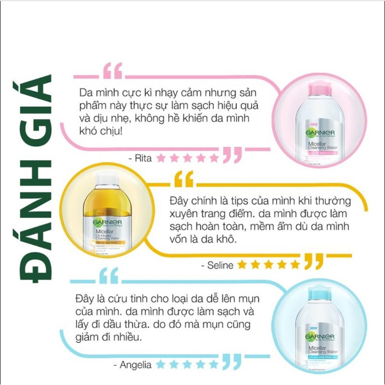 Nước tẩy trang Ganier Micellar, Dầu tẩy trang da nhờn, dầu, nhạy cảm Vàng/ Xanh/ Hồng Chính Hãng 400ml