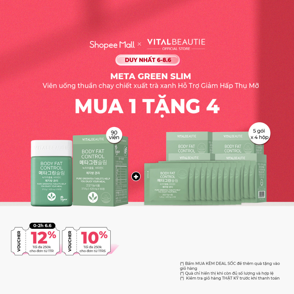 Viên uống thuần chay từ trà xanh hỗ trợ giảm hấp thu chất béo Vital Beautie MetaGreen Slim (Hộp 90 viên)