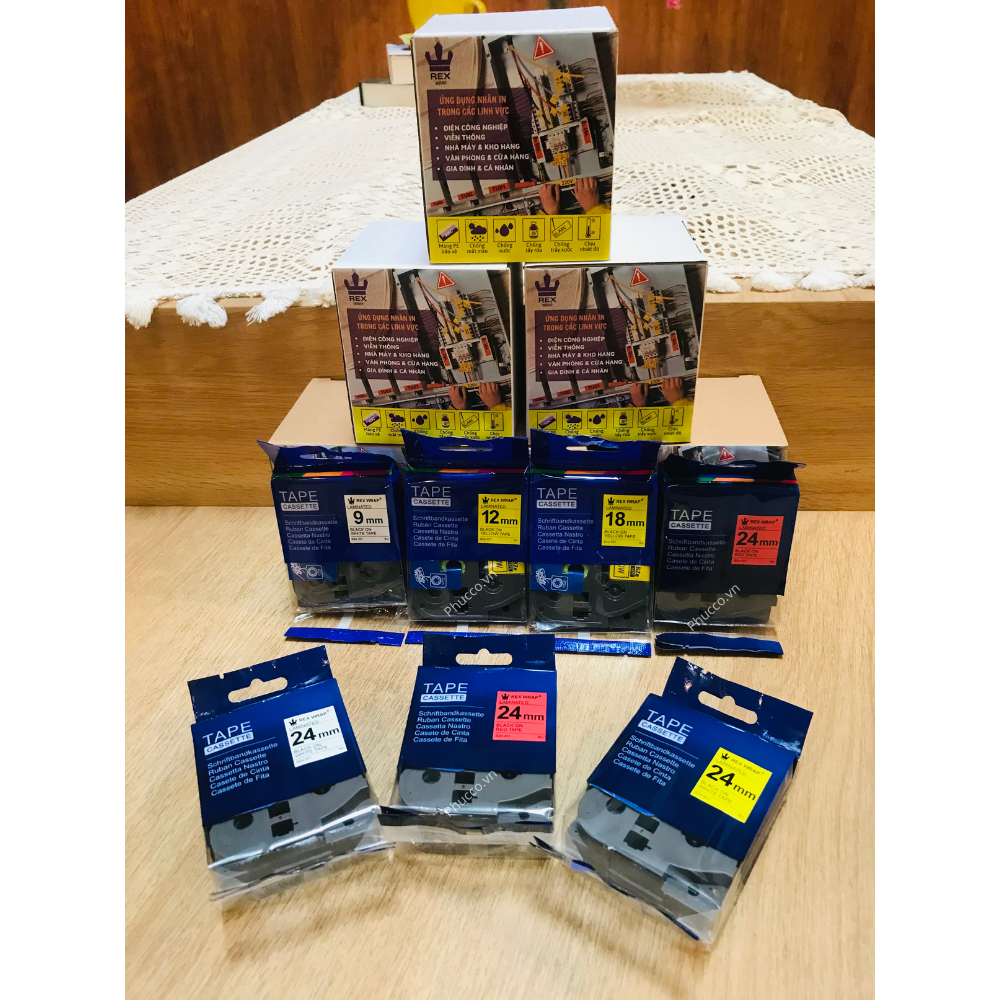 Giấy in tem nhãn - Nhãn in BZe  9mm, 12mm, 18mm, 24mm x 8m nhãn in chữ đen nền trắng, vàng, đỏ