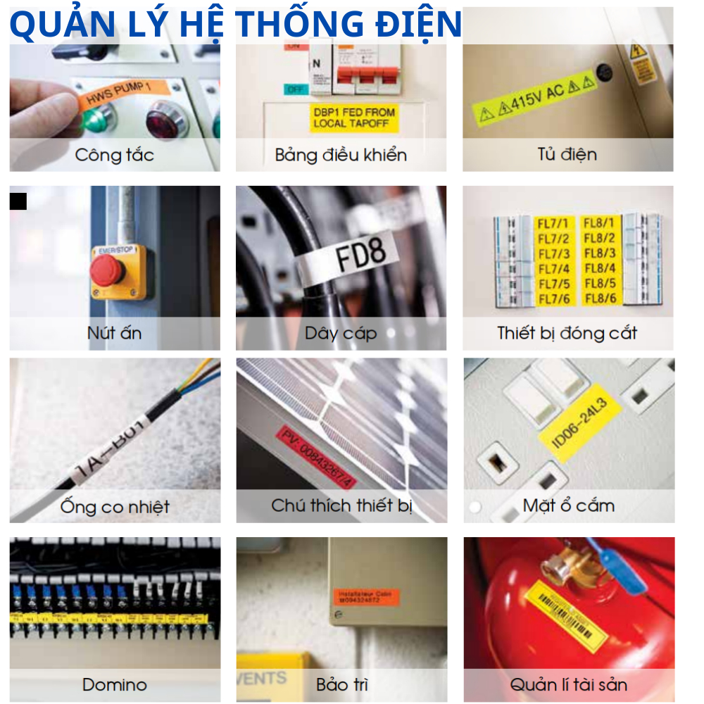 Giấy in tem nhãn - Nhãn in BZe  9mm, 12mm, 18mm, 24mm x 8m nhãn in chữ đen nền trắng, vàng, đỏ
