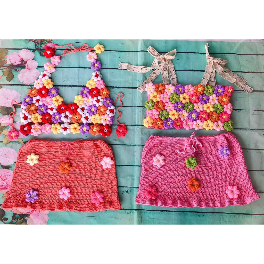 SET  ÁO HOA CHÂN VÁY HỒNG ĐÍNH HOA - BIKINI LEN MÓC có sẵn size SML