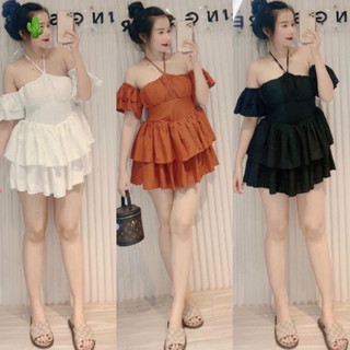 Đầm kate cổ yếm rớt tay váy 2 tầng xoè siêu cute