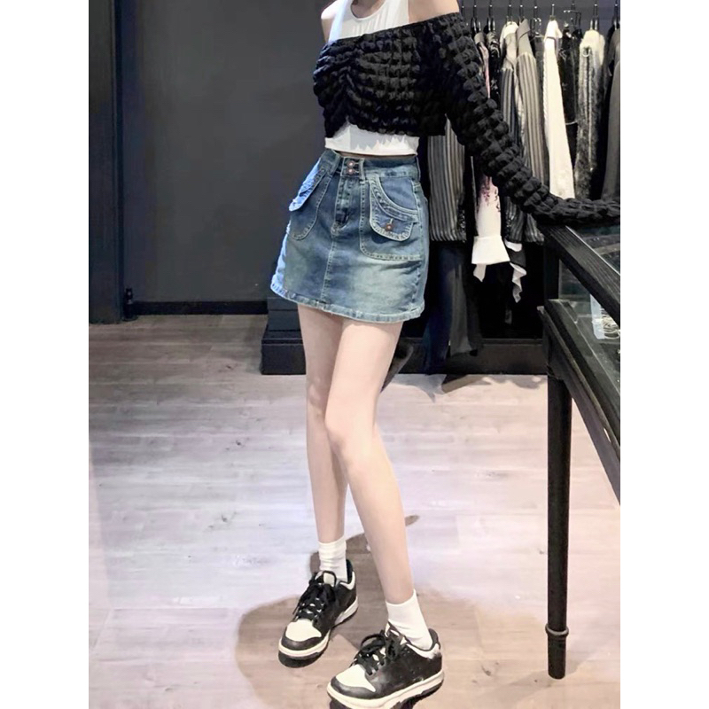 Chân váy jean túi hộp , Chân váy bò ngắn chữ A có lót trong xinh xắn
