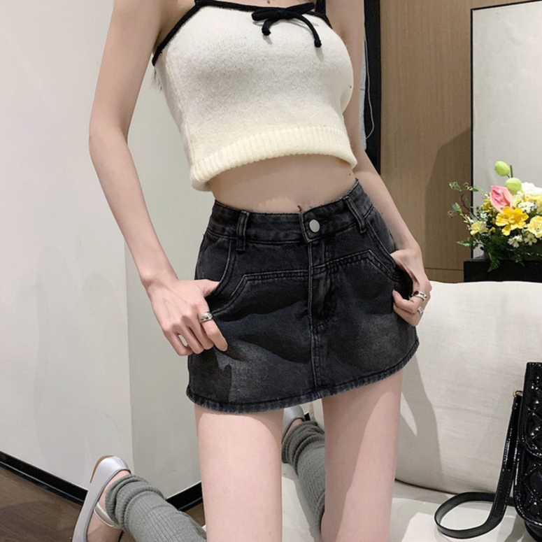 Chân váy bò - Chân váy jeans ngắn chữ A lưng cao, váy bò túi tròn