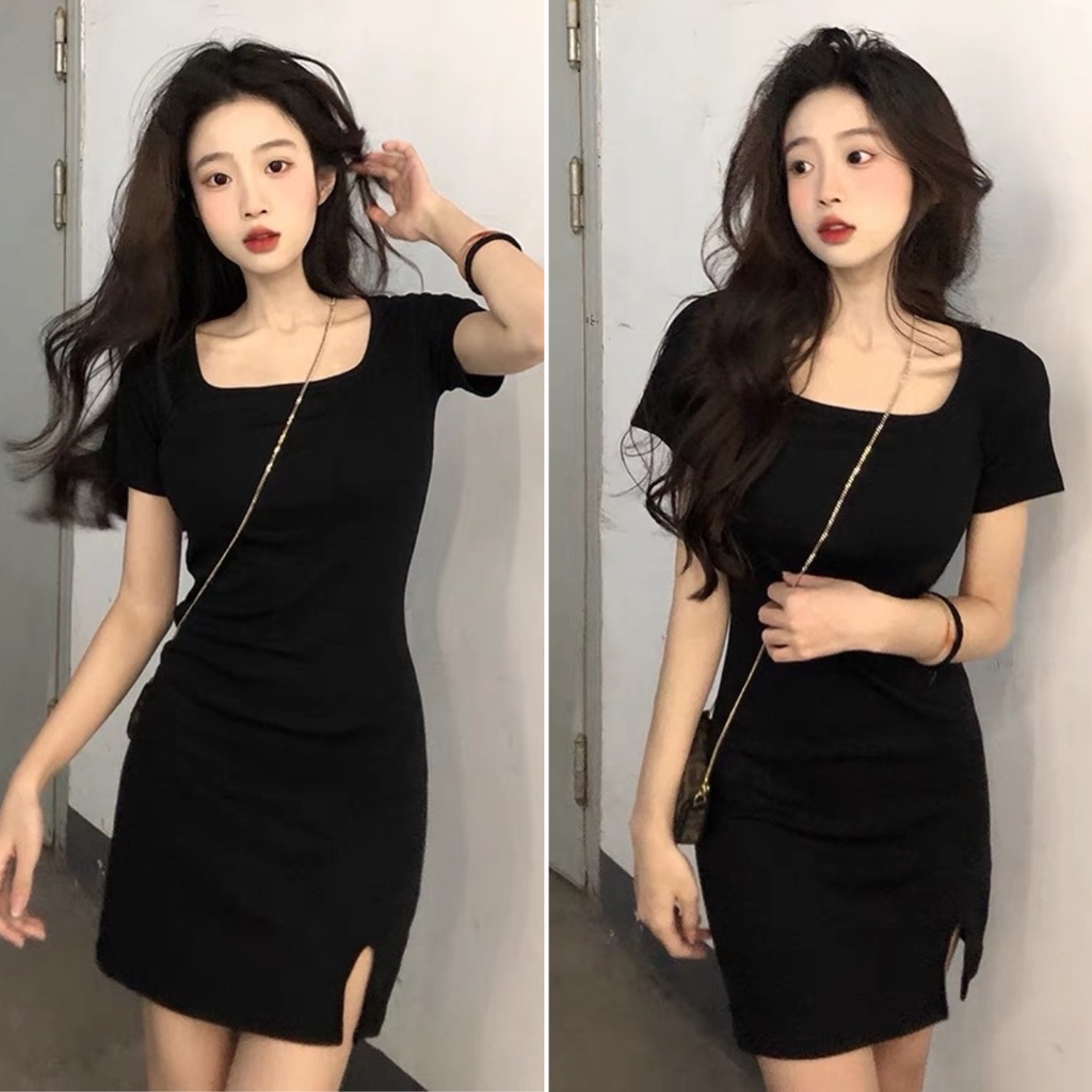 Đầm cổ vuông xẻ trước dáng ôm body màu đen sexy cá tính freesize < 53kg