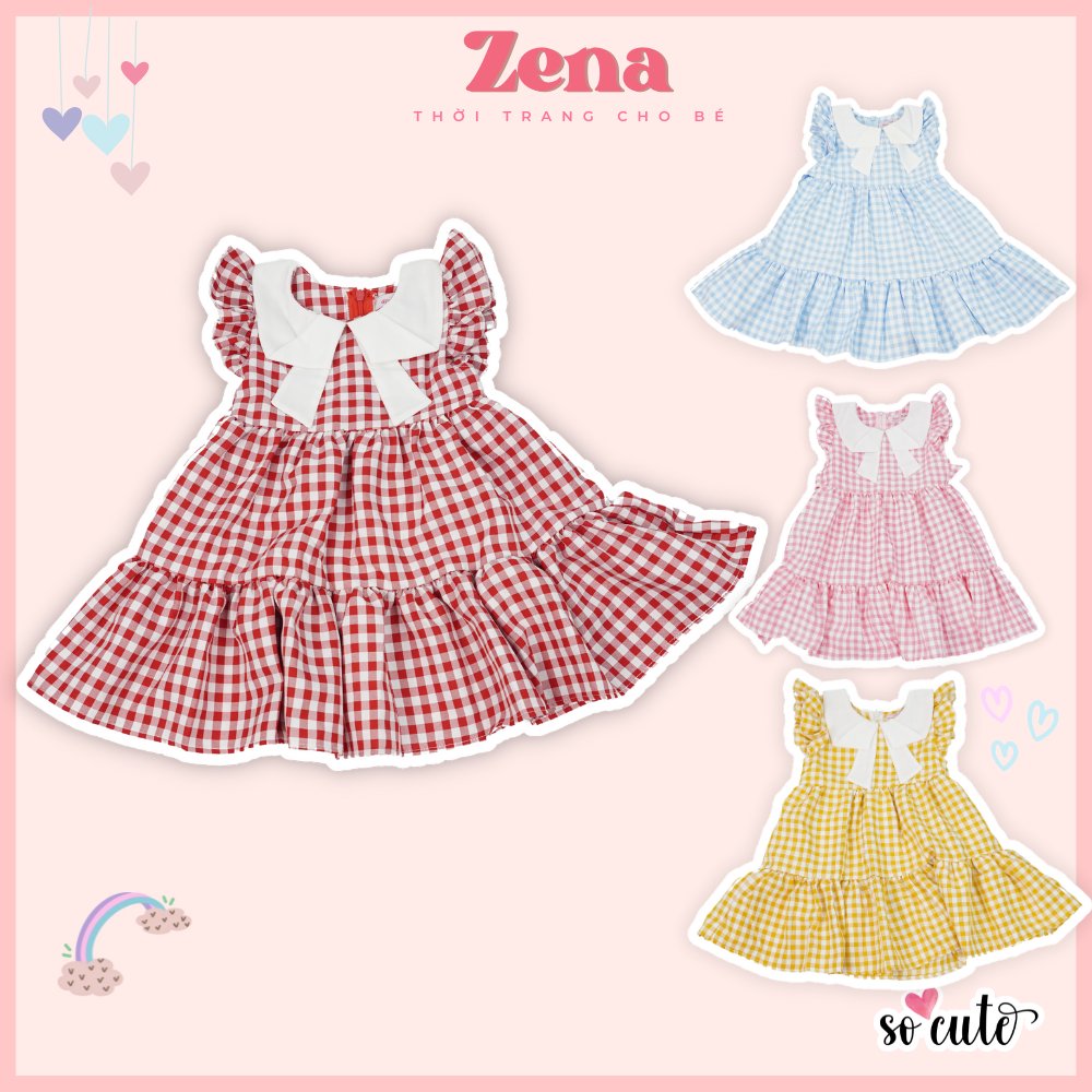 Đầm bé gái caro kiểu dáng xòe rộng (size 12-20kg) váy cho bé cánh tiên xòe chất liệu kate thấm hút mồ hôi| Zena
