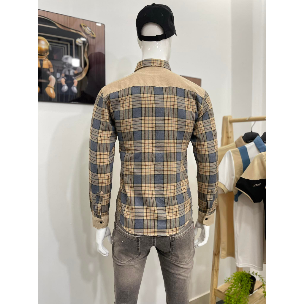 Áo sơ mi nam tay dài sọc caro với chất liệu nỉ cotton mềm, phong cách thời trang SM40