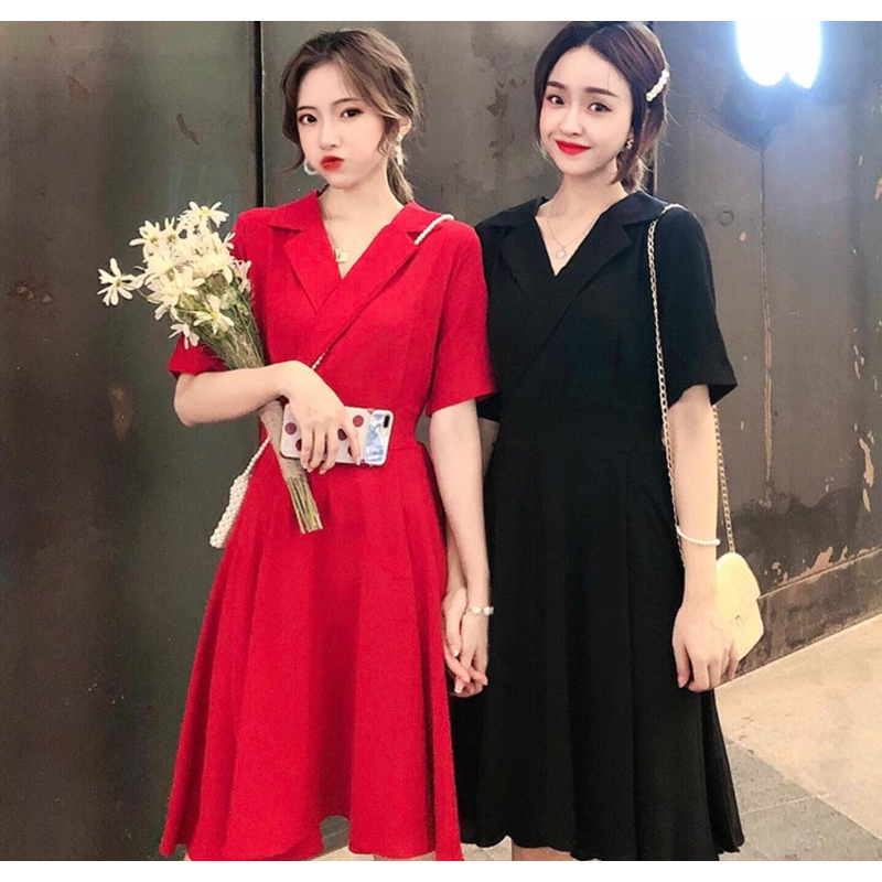 Đầm cổ sơ mi thắt eo 2 màu (kèm hình thật)