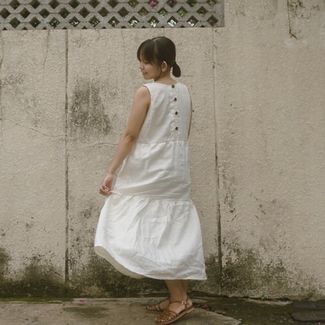 Đầm linen xòe 2 tầng vintage có nút sau lưng - Đầm Jane - Youth Linen