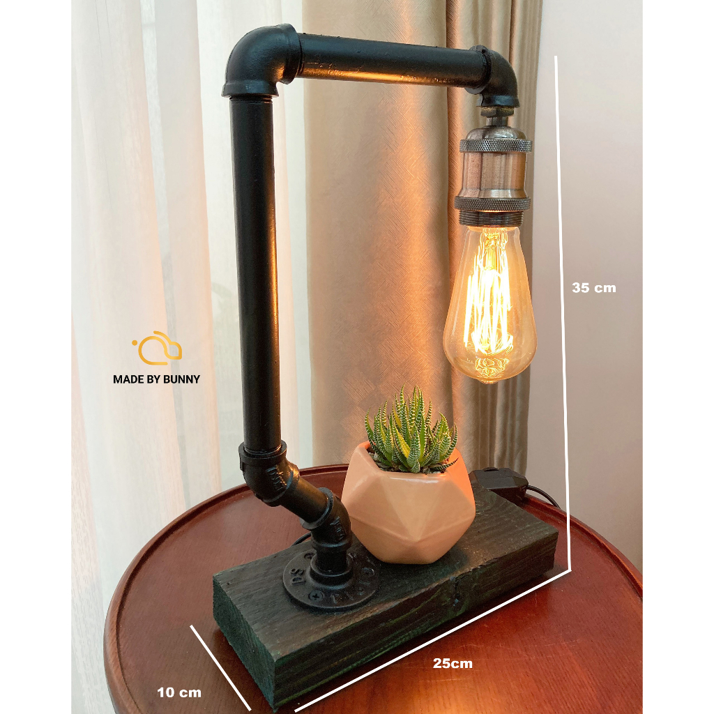 Đèn Bàn Retro đế Gỗ phong cách vingtage - Đèn decor phòng ngủ, phòng khách - Đèn ống nước bóng Edison điều chỉnh sáng