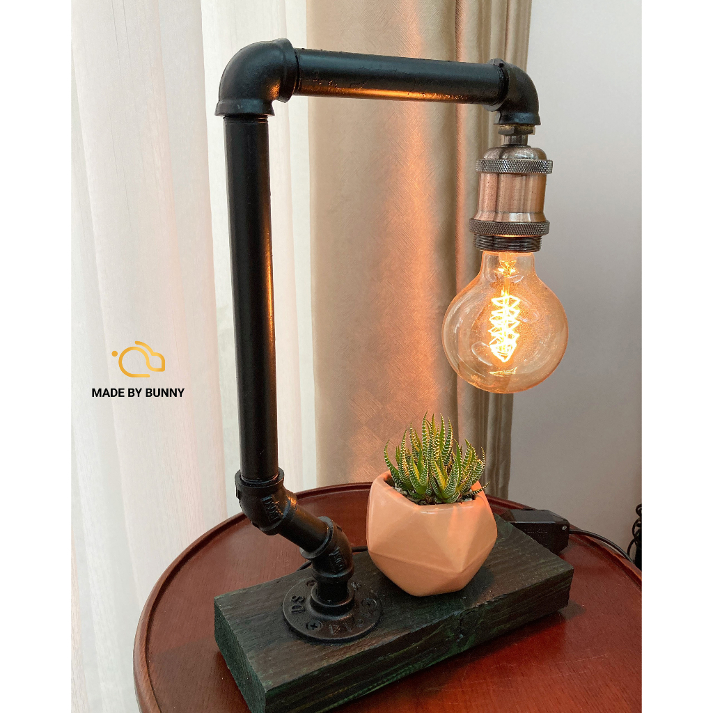 Đèn Bàn Retro đế Gỗ phong cách vingtage - Đèn decor phòng ngủ, phòng khách - Đèn ống nước bóng Edison điều chỉnh sáng