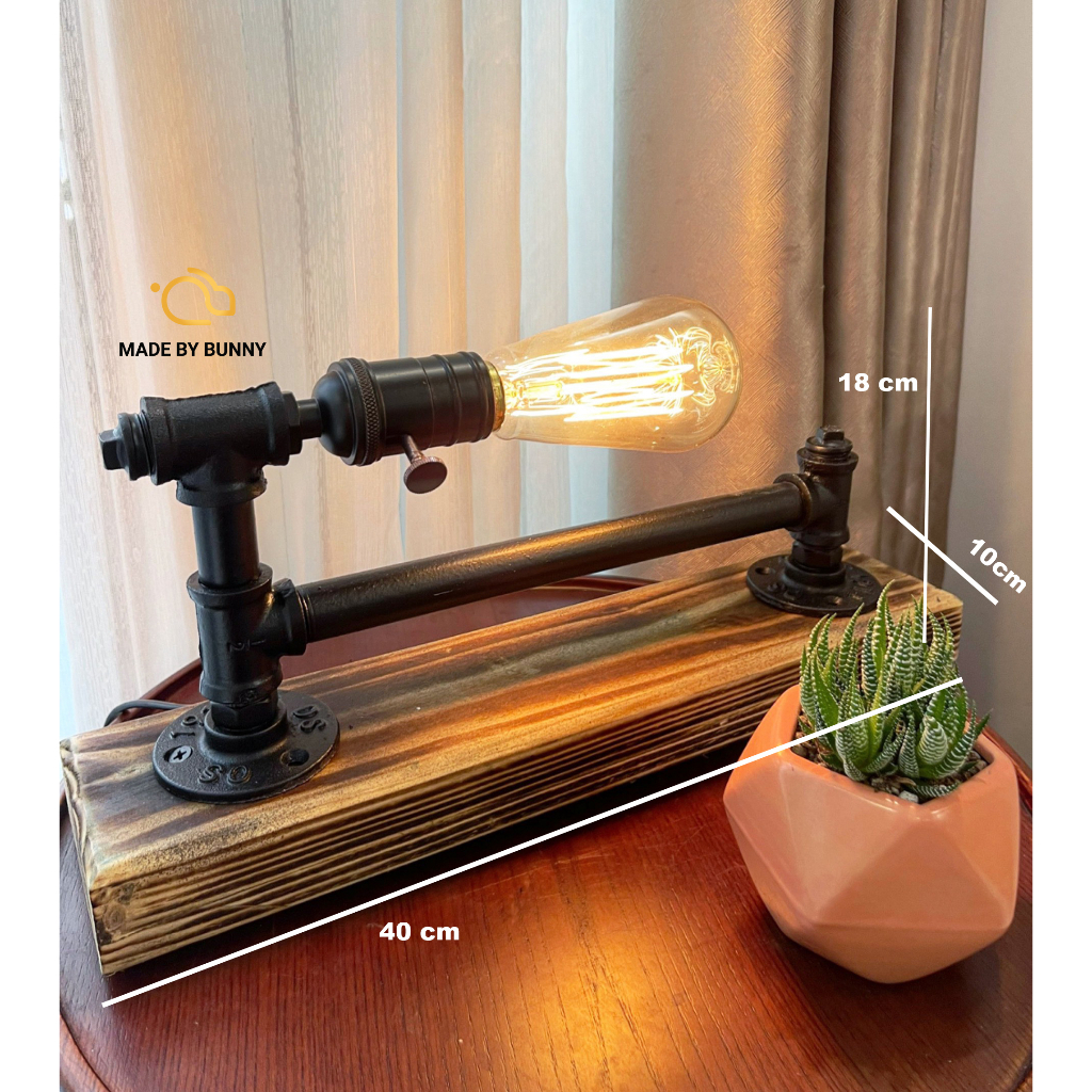 Đèn Bàn Retro đế Gỗ phong cách vingtage - Đèn decor phòng ngủ, phòng khách - Đèn ống nước bóng Edison điều chỉnh sáng